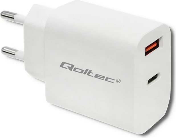 Karikues rrjeti Qoltec 51714, 18W, USB Type C PD & USB QC 3.0, Bardhë