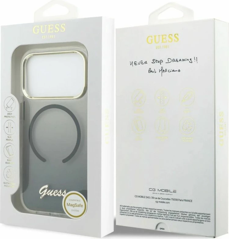 Kapak telefoni Guess IML Gradient Script Metal MagSafe për iPhone 17 Pro, i zi