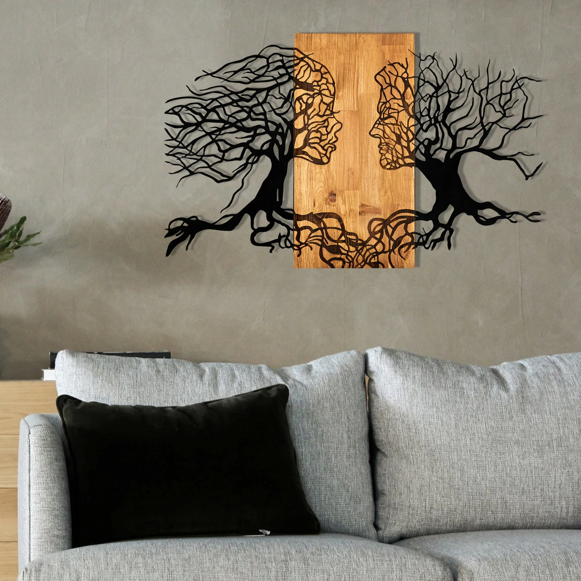 Aksesor dekorativ për mur, dru dhe metal, Wallity Tutku, ngjyrë e zezë dhe arre, 92x58cm