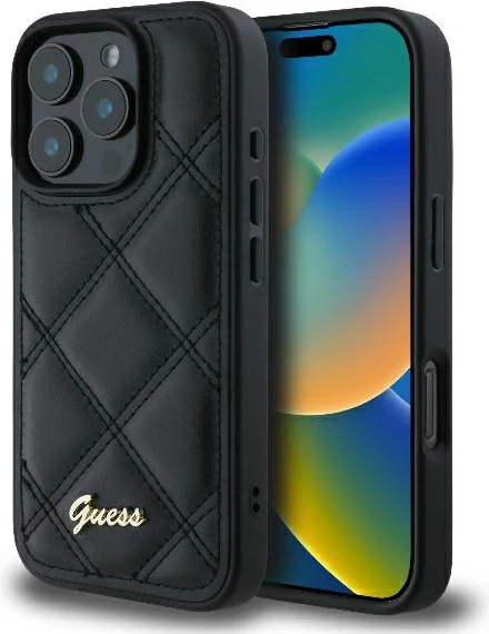 Mbështjellës Guess Quilted Metal për iPhone 16 Pro, i zi
