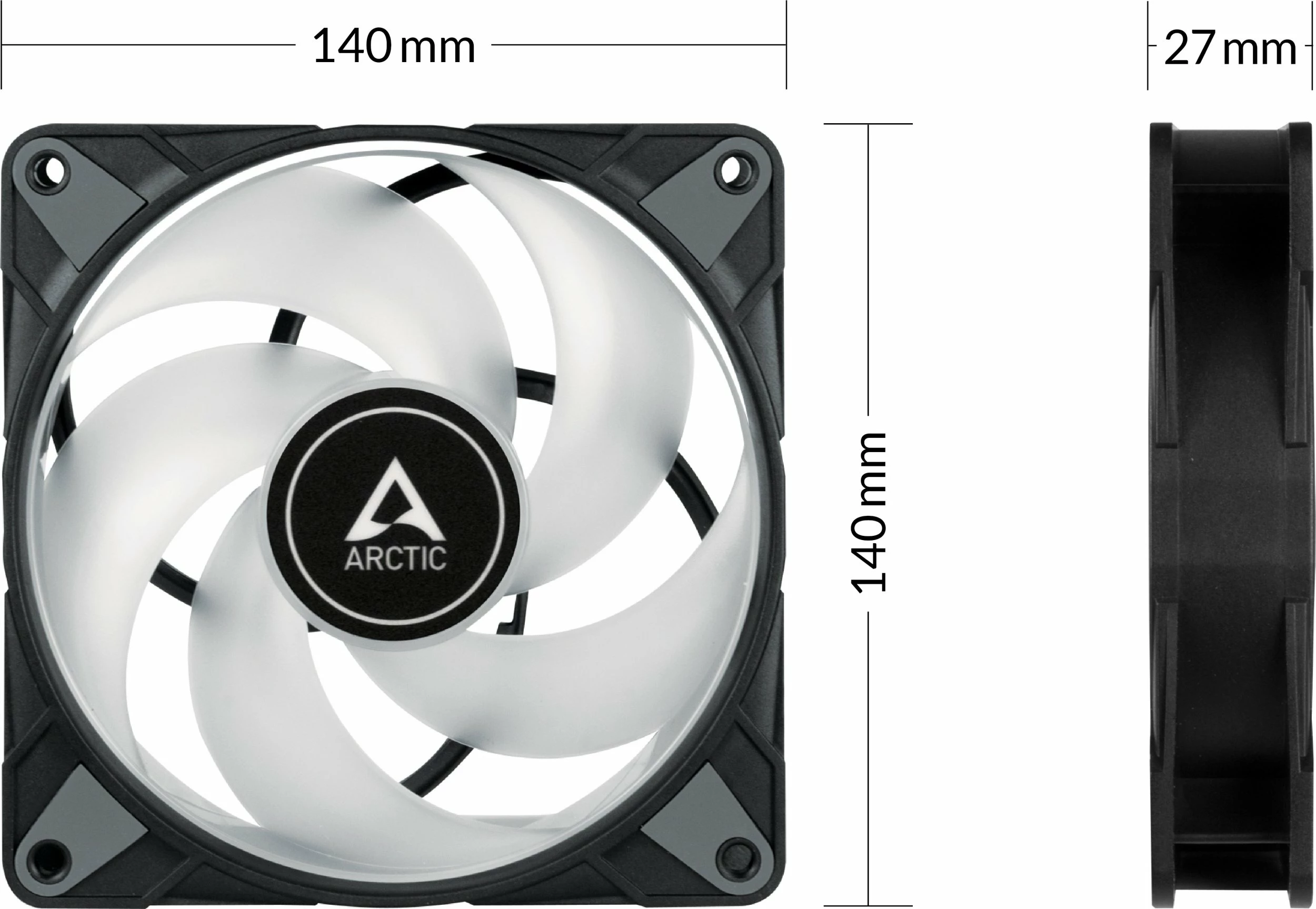 Set ventilatorësh PC Arctic P14 PWM PST RGB 0dB 140mm, 3 copë + hub, zi/bardhë (ACFAN00256A)