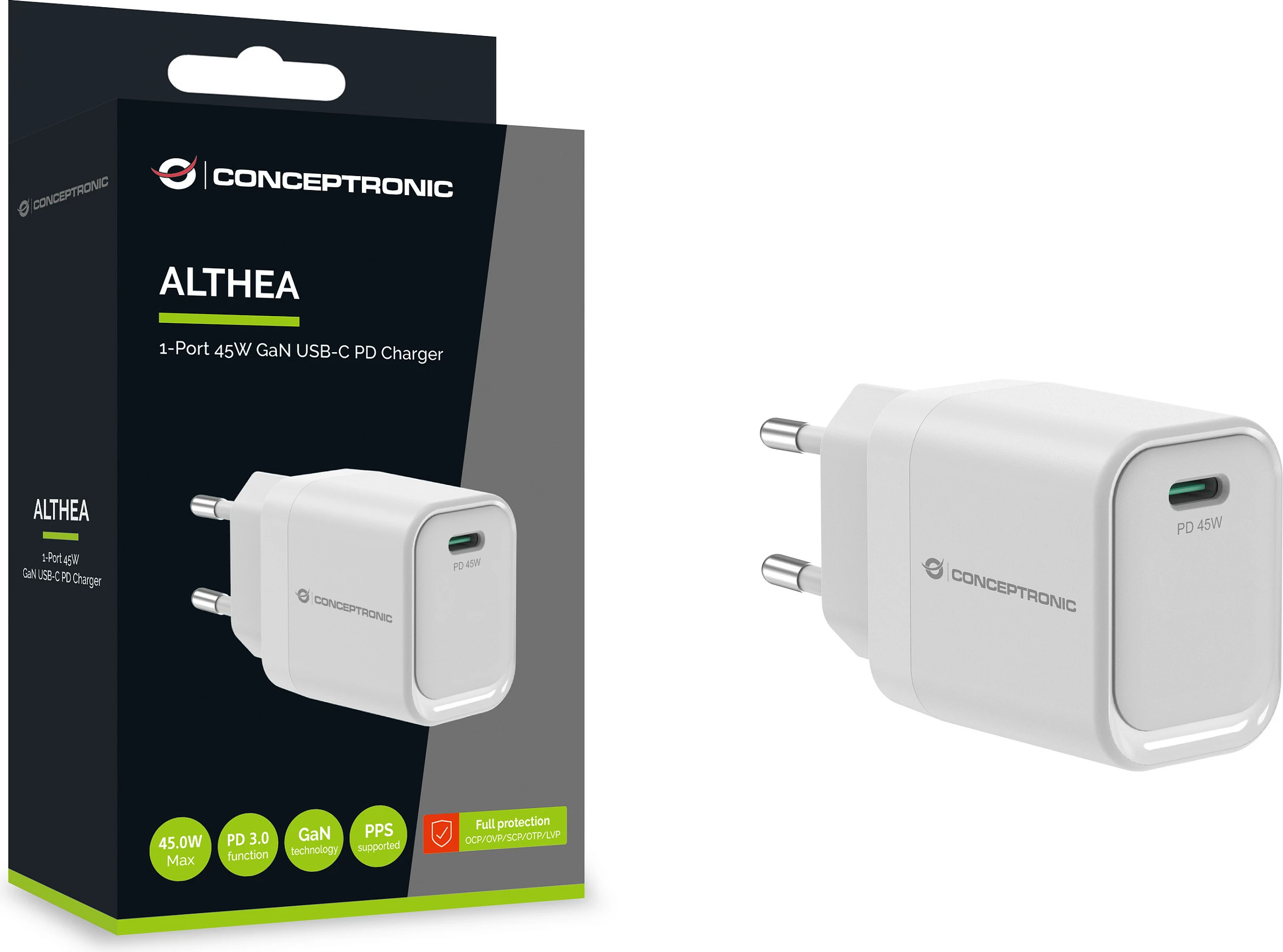 Karikues Conceptronic 1-Port GaN USB-C 45W PD 3.0/PPS, i bardhë