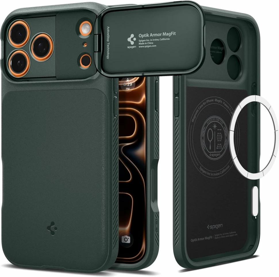 Mbështjellës Spigen Optik Armor MagSafe për iPhone 17 Pro/17 Pro Max, TPU+PC, mbrojtës kamere me slider, e gjelbër