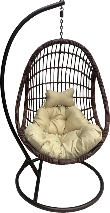 Karrige lëkundëse vezë me bazë Cungo, metalik, ratan kafe, jastëk bezhë, 125x105x195cm