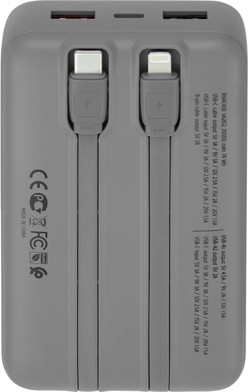 Powerbank RIVACASE VA2612 20,000 mAh 30W, LCD ekran, kabllo të integrume Type-C & Lightning, grafit