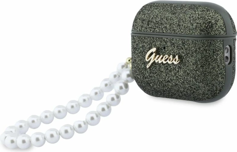 Kutí AirPods Pro 3 Guess Glitter Pearl Strap, e zezë me shkëlqim