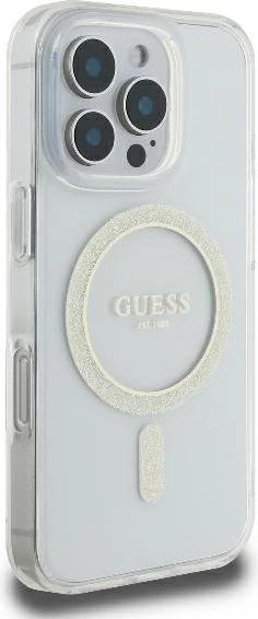 Mbështjellës Guess IML Glitter Circle MagSafe për iPhone 16 Pro 6.3", transparent