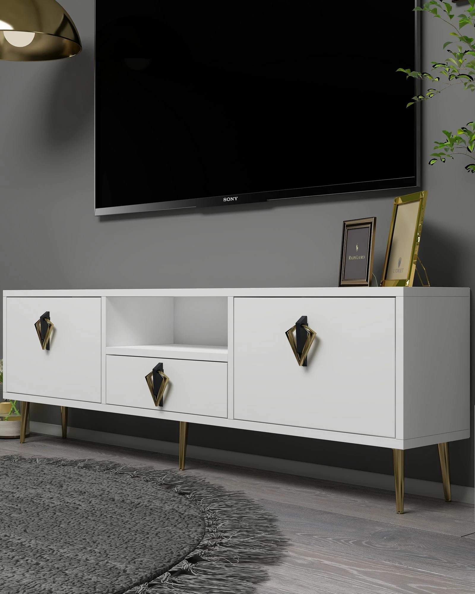 Komodë për TV Skye Decor, 1311-DROP-32, e bardhë, e zezë, e artë