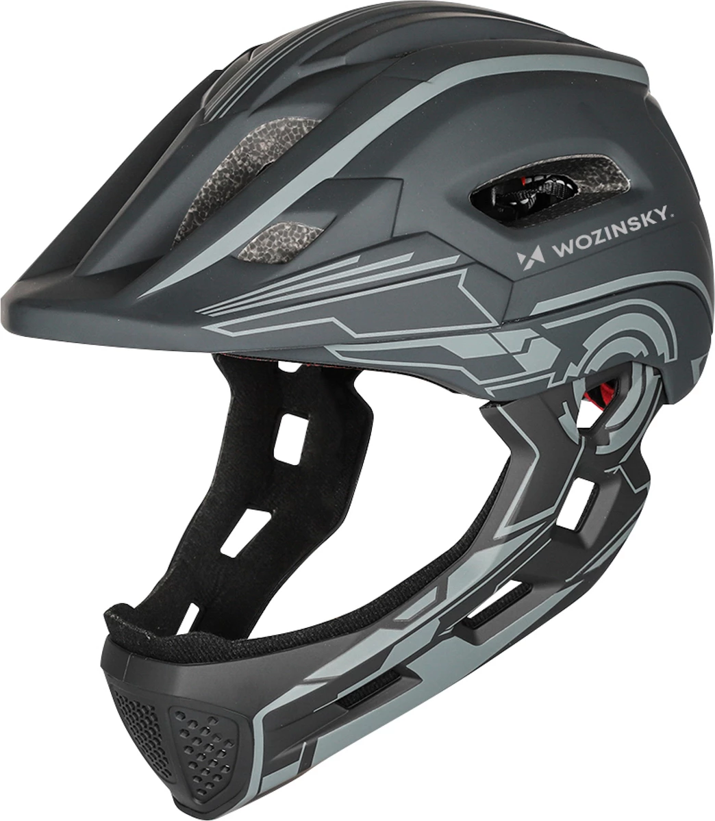 Kaskë biçiklete full-face për fëmijë, Wozinsky HT-27S, me dritë të pasme LED me USB, rregullim 360°, peshë 400 g, S 52-56 cm, gri