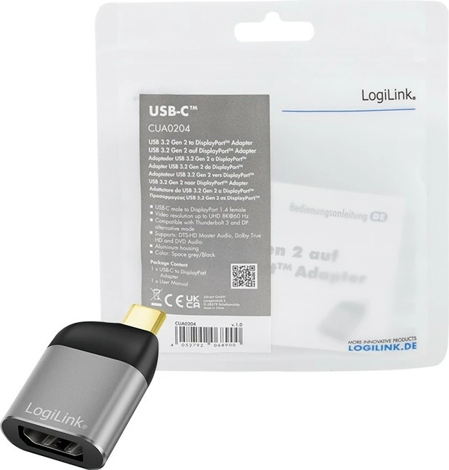 Adapter USB Type-C në DisplayPort LogiLink CUA0204, 8K, zi/gri