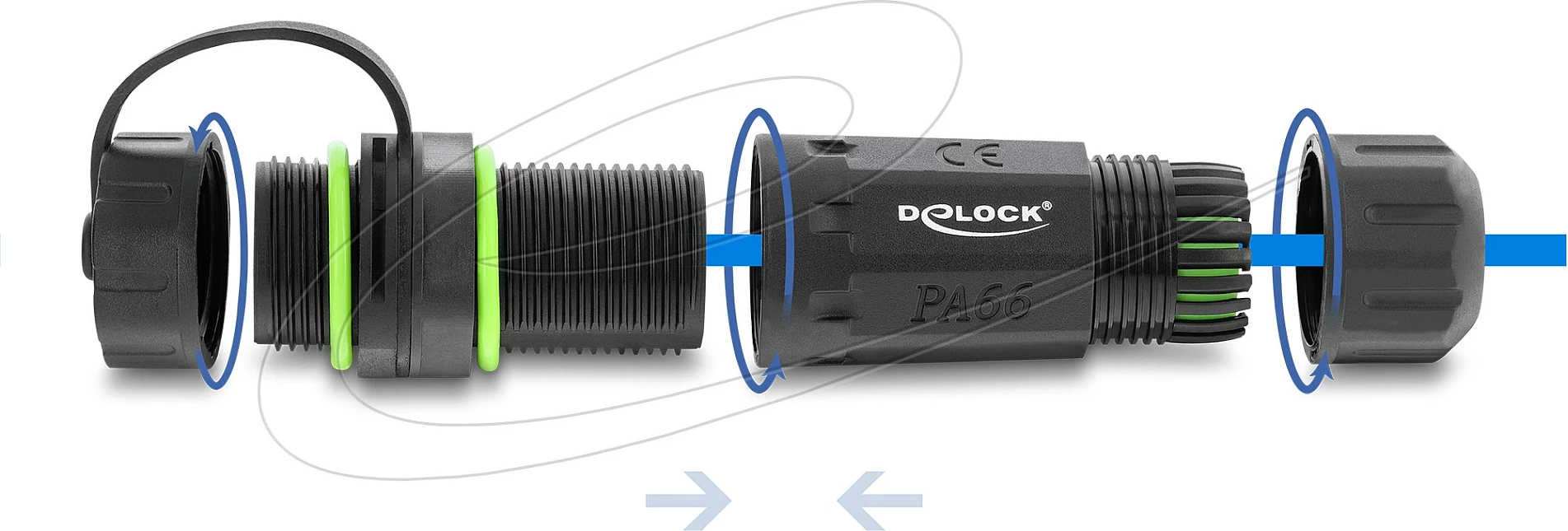 Bashkues RJ45 DeLOCK Cat.6, Bu-Bu, IP68, filetë M20x1,5, i zi