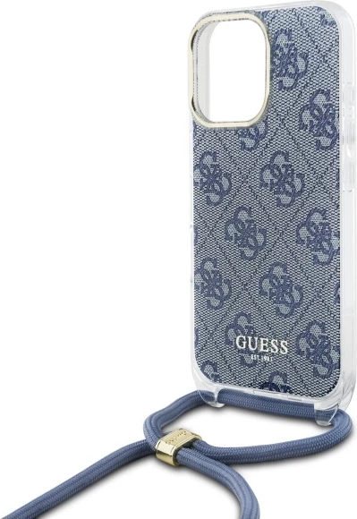 Mbështjellës Guess Crossbody Cord 4G Print për iPhone 16 Pro, Kaltër