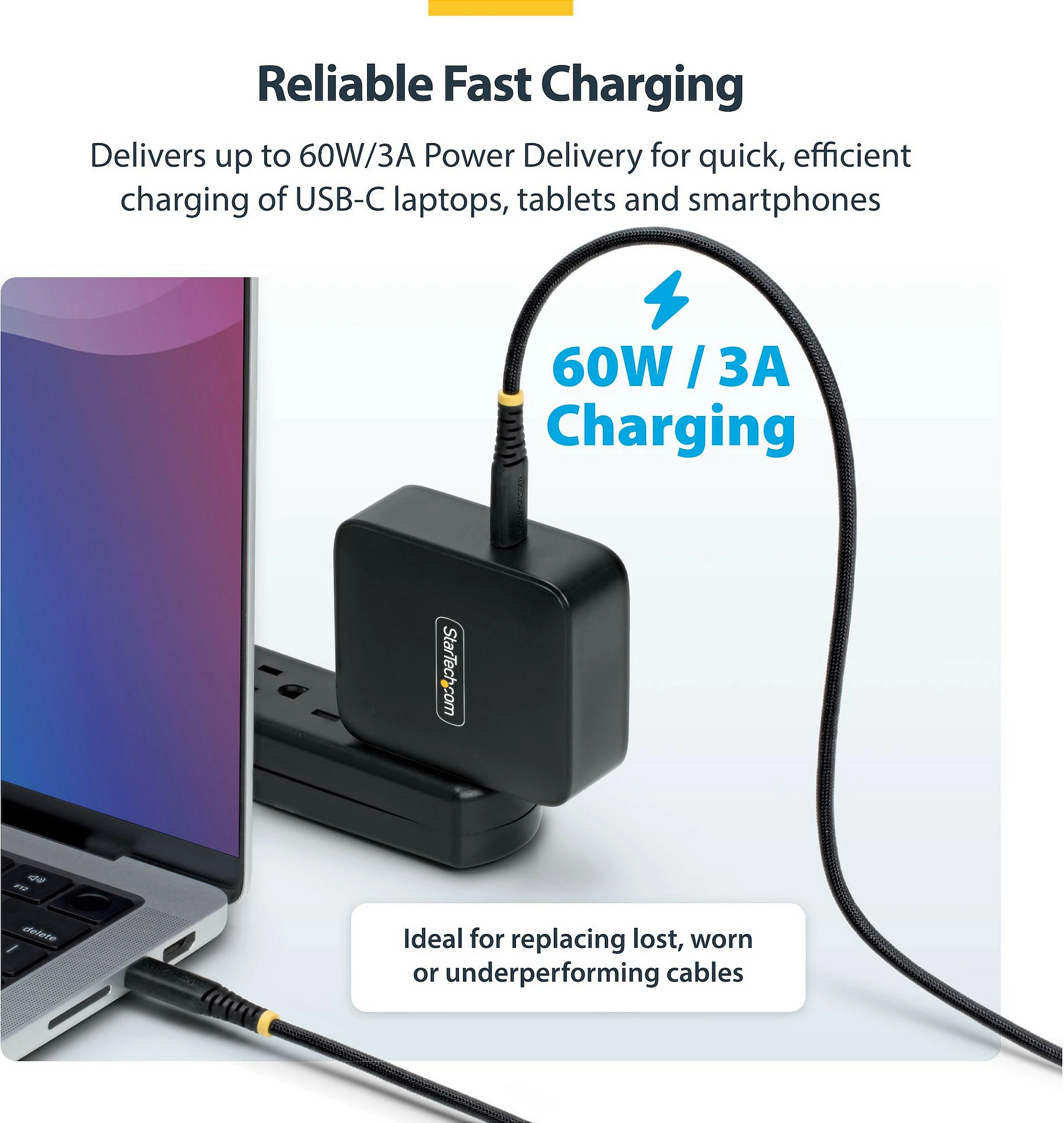 Kabllo USB-C në USB-C StarTech, 1m, PD 60W (3A), USB 2.0, braided nylon, e zezë