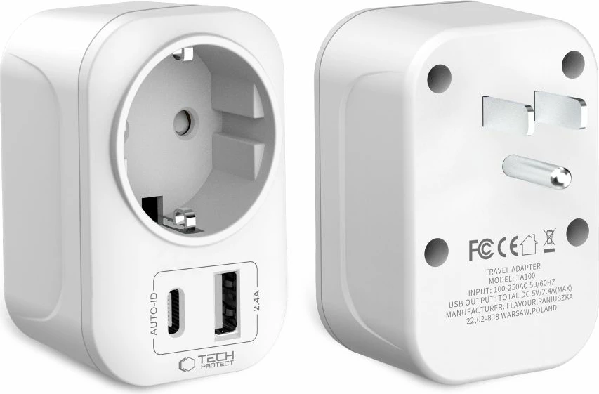 Adapter udhëtimi Tech-Protect TA100, EU në US, USB-A + USB-C, 2500W, 100-250V, i bardhë, 1 copë
