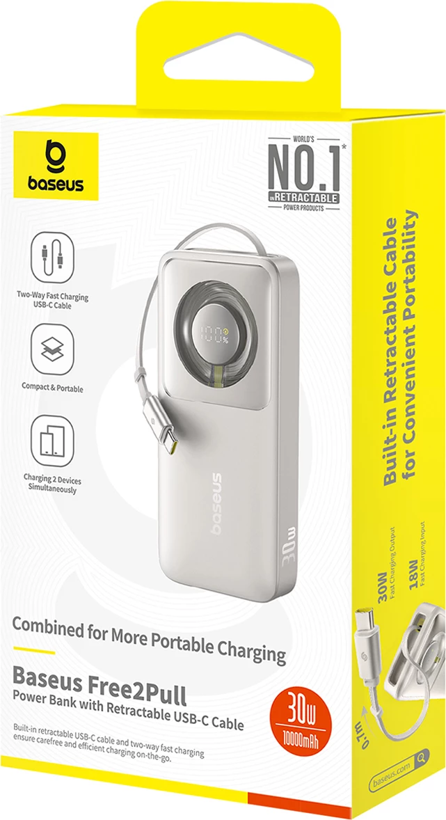 Powerbank Baseus Free2Pull 10000mAh, 30W, USB-C, me kabllo tërheqëse, Gri