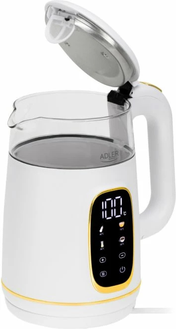 Çajnik elektrik ADLER AD 1305 WG 1.7L me kontroll temperature, ekran LED, prekje (touch), i bardhë/transparent me detaje ari
