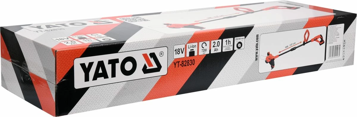 Trimer bari me bateri Yato YT-82830 18V 2Ah 30cm, set me bateri + karikues, kuqe/zezë