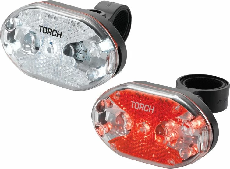 Set dritash për biçikletë TORCH WHITE BRIGHT 5X + TAIL BRIGHT 5X TOR-54039, 2x5 LED, me bateri AAA (front+prapa), e bardhë/kuqe