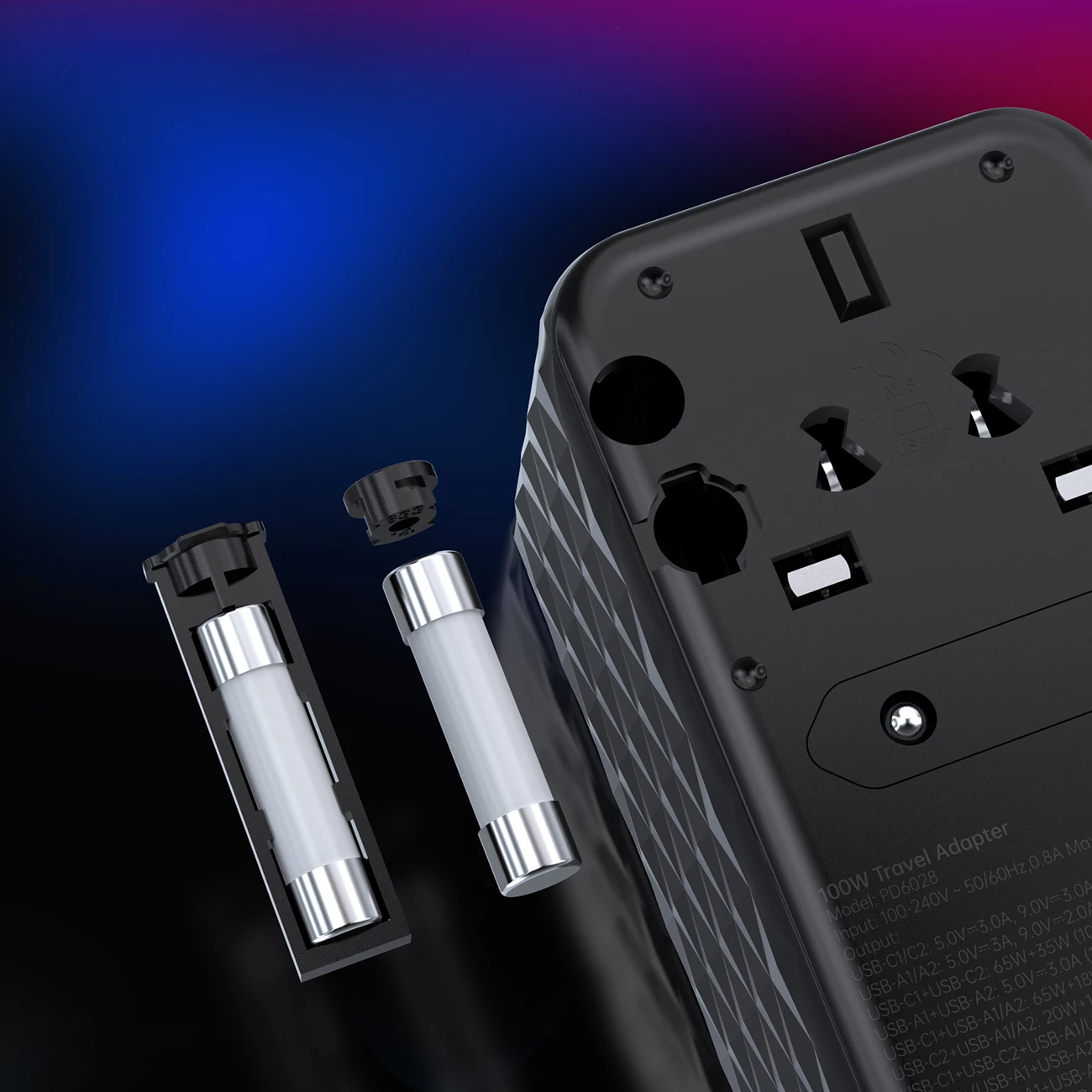 Adapter udhëtimi Choetech PD6028, 4 porta USB (2x USB-C, 2x USB-A), 100W, i zi