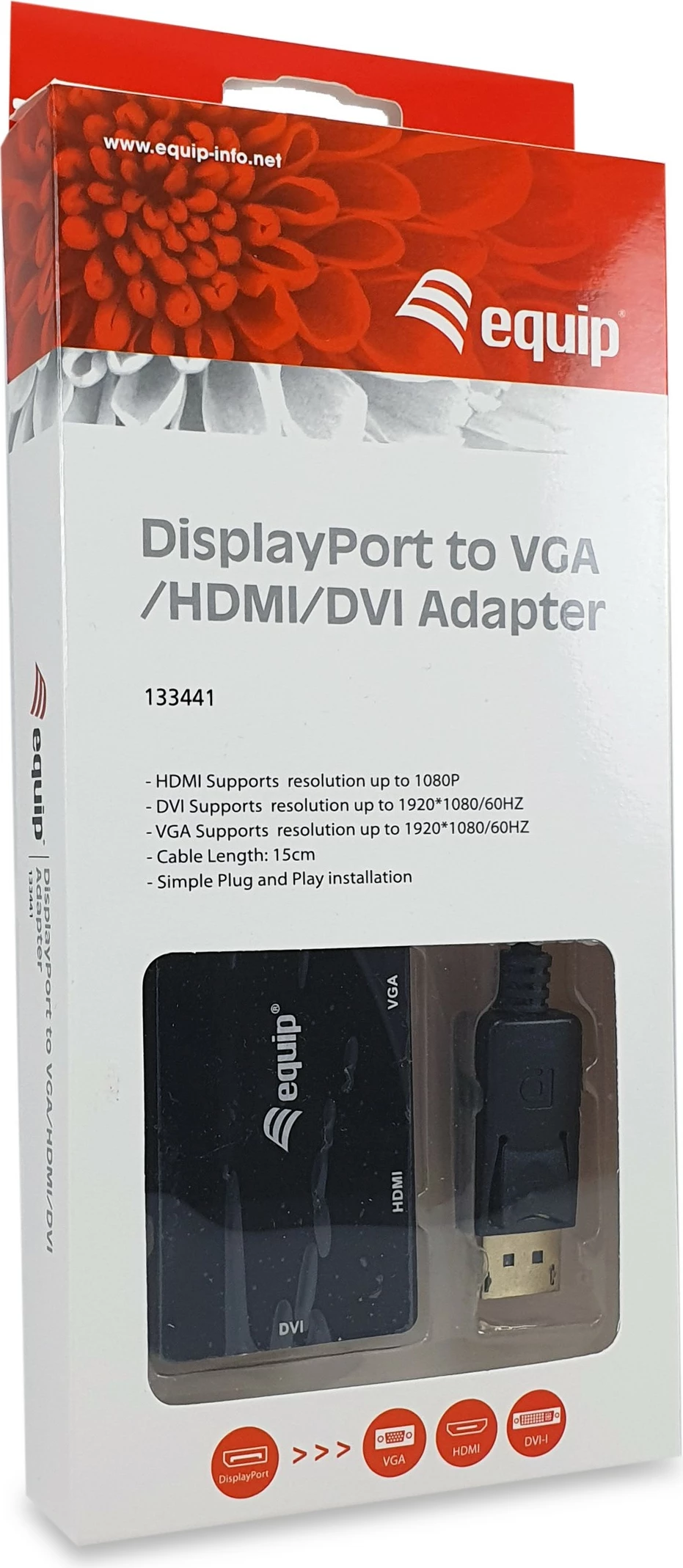 Adapter DisplayPort në HDMI/DVI/VGA Equip 133441, 0.24m, i zi