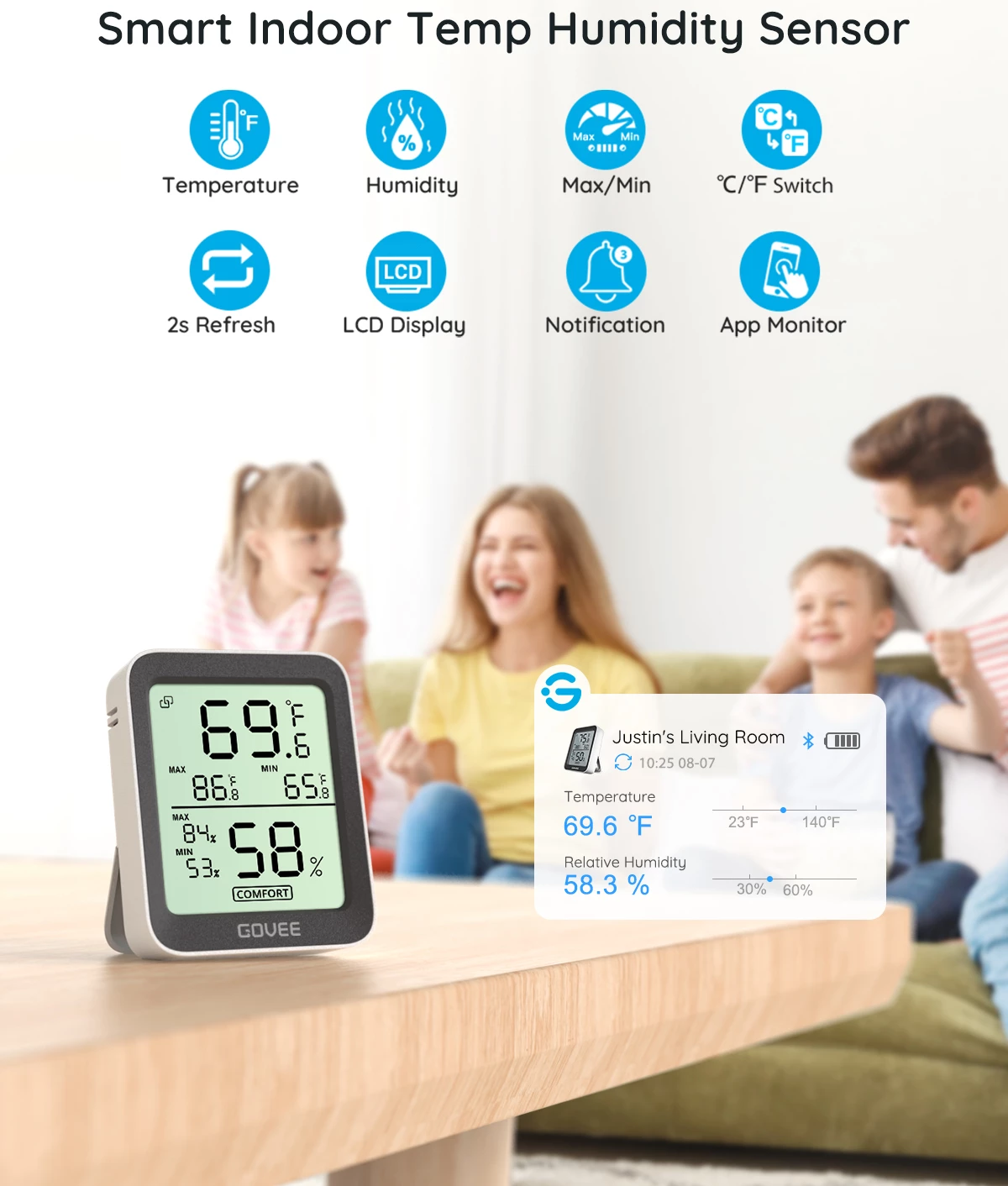 Termometër-higrometër Bluetooth Govee H5075, ekran LCD, memorie 20 ditë, bardhë/zi