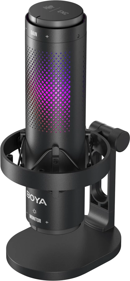 Mikrofon BOYA K9 me kabllo USB-C, 48 kHz 24-bit, RGB, me stendë tavoline dhe pop filter, i zi