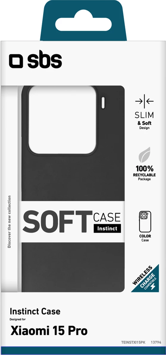Mbështjellës SBS Instinct për Xiaomi 15 Pro, 20 g, TPU me brendësi mikrofibër, kompatibil me karikim pa kabllo, i zi, paketim kuti