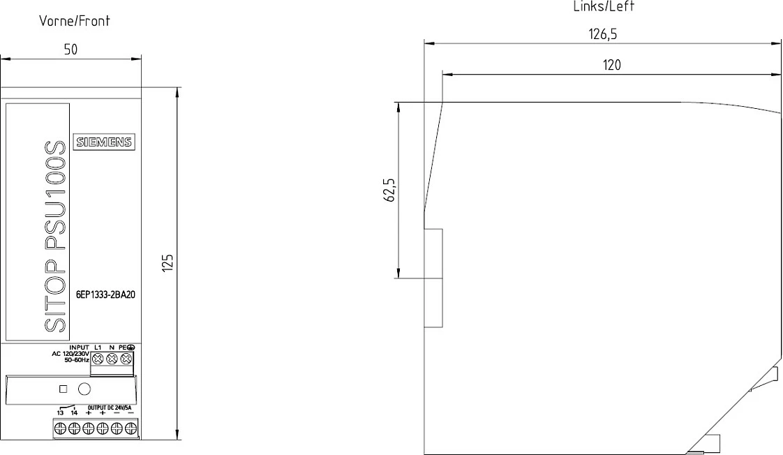 Furnizues rryme Siemens SITOP PSU100S 6EP13332BA20, 24V 5A, hyrje 120/230VAC, montim DIN
