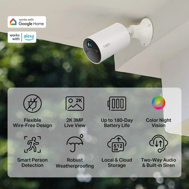 Kamerë sigurie Wi‑Fi me bateri, TP-Link Tapo C410, 2K, vizion nate me ngjyra, IP65, audio dyanshëm, e bardhë