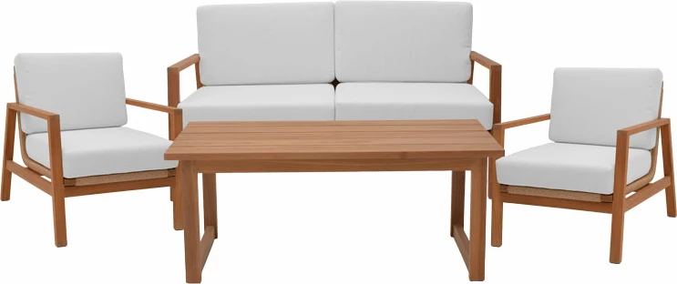 Set lounge Doumain prej 4 copash, dru teak natyral-jastëk të bardhë-ratan natyral