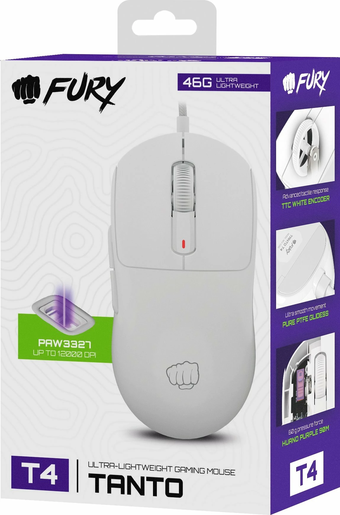 Maus gaming Fury Tanto T4 NFU-2200 me kabllo USB, 12000 DPI, 7 butona, 46 g, i bardhë