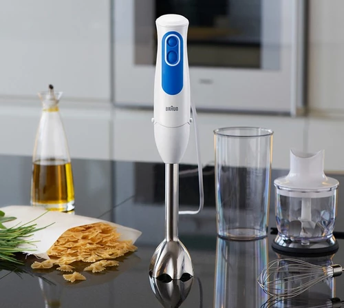 Blender dore Braun MQ 3025 Spaghetti 700 W, 600 ml, blu/bardhë, set me rrahëse dhe prerës