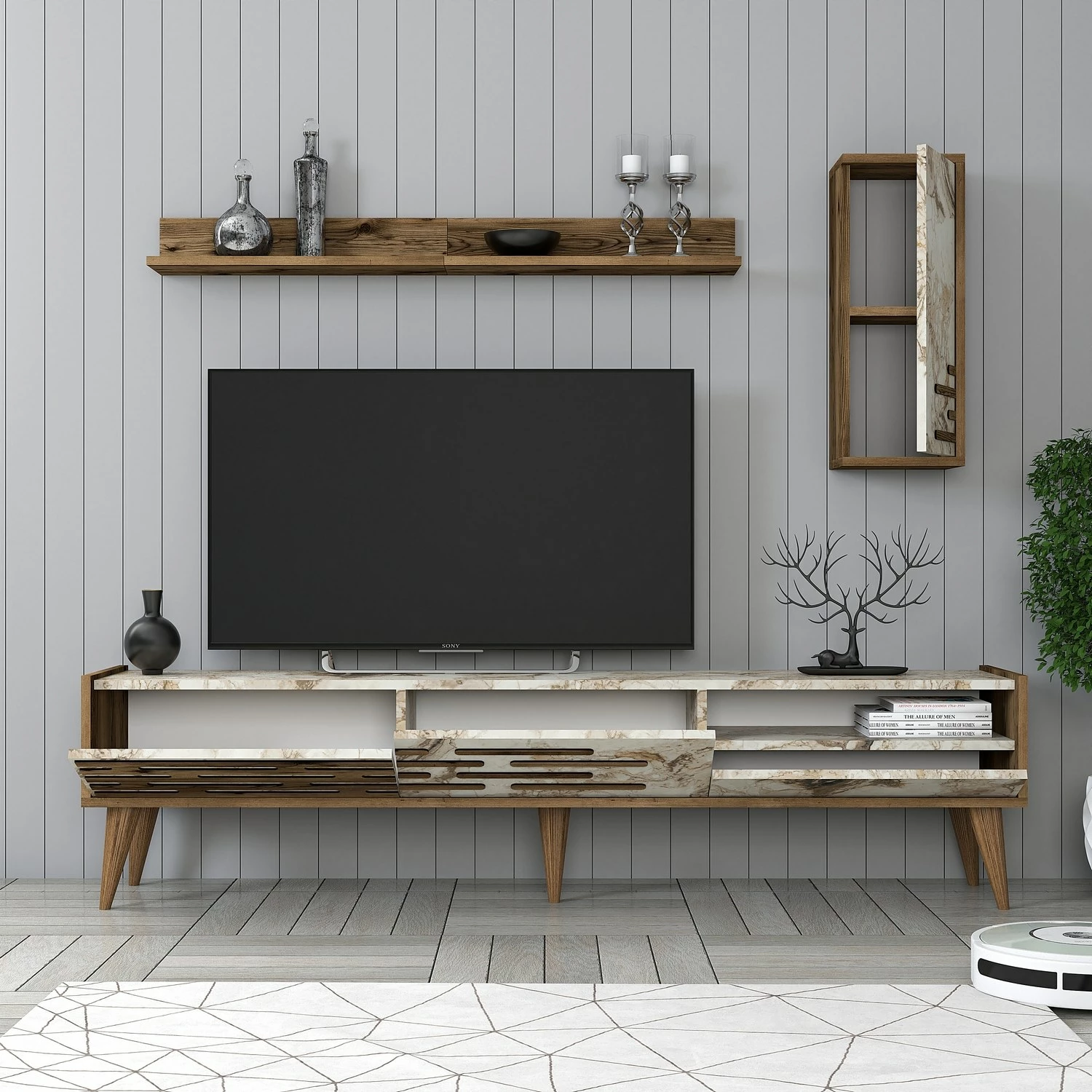 Njësi TV, ngjyrë arre, e bardhë, mermer, Valensiya, Skye Decor