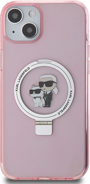 Mbështjellës Karl Lagerfeld KLHMP15SHMRSKCP për iPhone 15 6.1", me ring stand, MagSafe, rozë