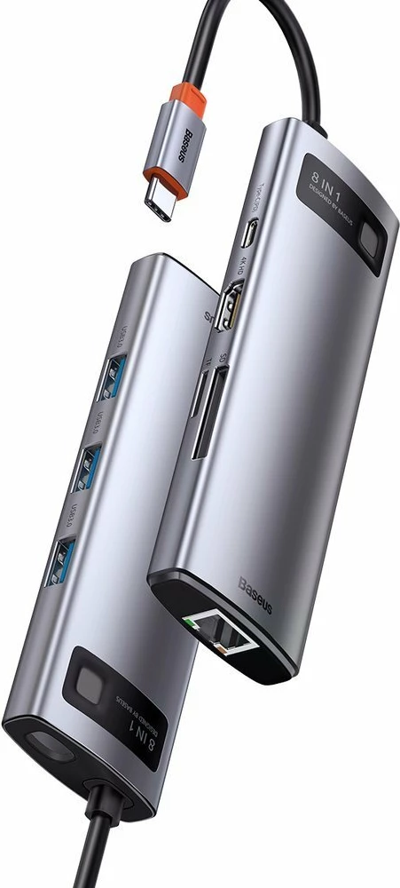 HUB Baseus Metal Gleam 8in1, USB-C, HDMI 4K, RJ45, 100W PD, Gri