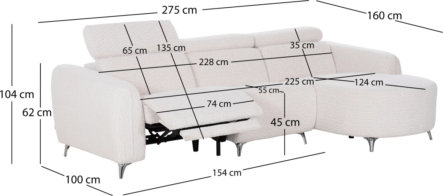 Kënd i djathtë divan 3-vendësh me recline, stof teddy bezhë, VALENTE CD3317.02R, 275x160x104cm