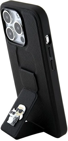 Mbështjellës Karl Lagerfeld Gripstand Saffiano Karl&Choupette Pins për iPhone 13 Pro/13, i zi