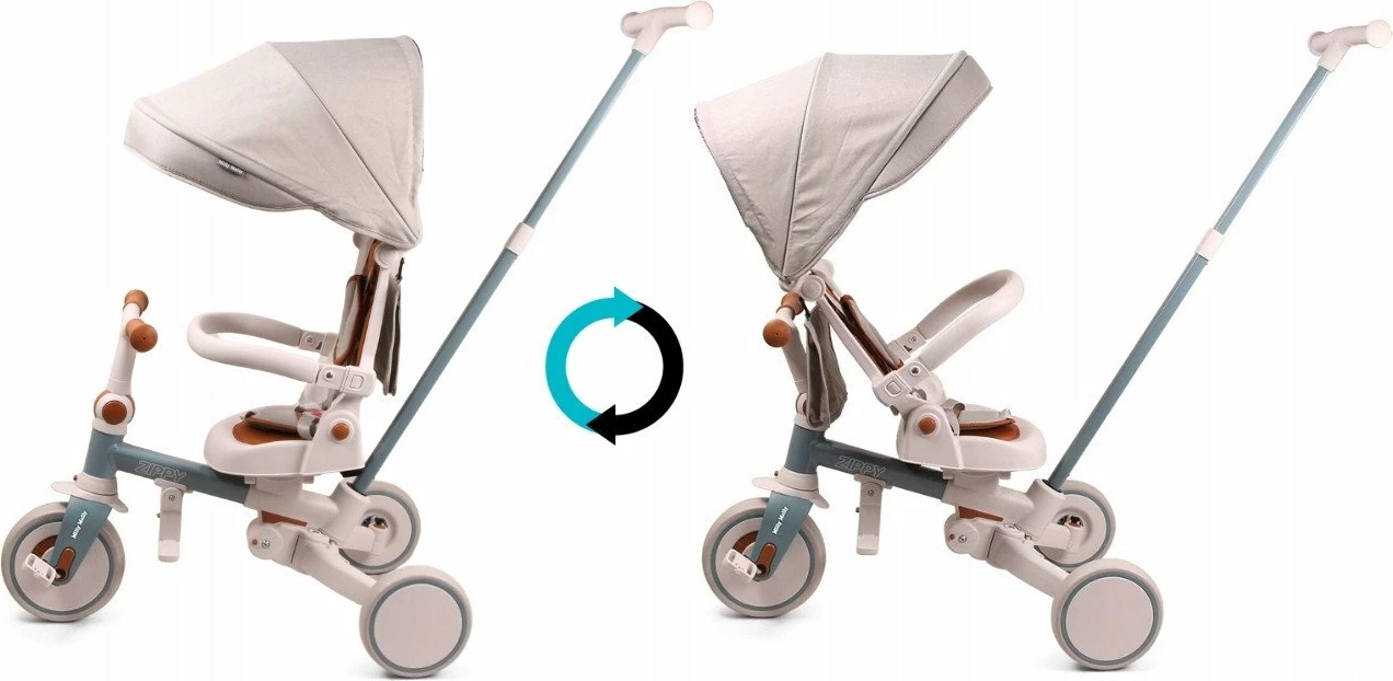 Tricikël fëmijësh Milly Mally Zippy, 12+ muaj, 25 kg max, ulëse rrotulluese 180°, rrota shkumë, kornizë çeliku, me tendë dhe shtytës prindi, Blu