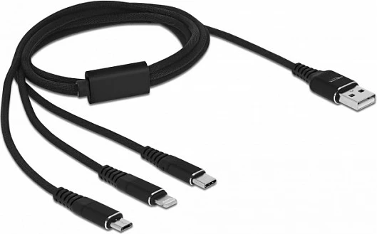 Kabllo karikimi DeLOCK 3-në-1 USB-A në Lightning/Micro-USB/USB-C (Apple 30-pin), 1 m, 3A, e zezë