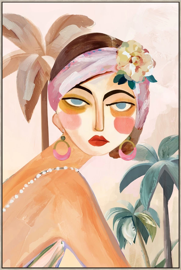 Pikturë dekorative Tropical Lady, shumëngjyrëshe, kornizë druri natyral, 60x90x5cm