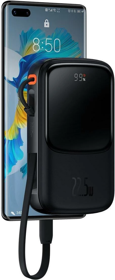 Powerbank Baseus Qpow Digital Display 10000mAh, 22.5W, me kabllo USB-C të integruar, e zezë