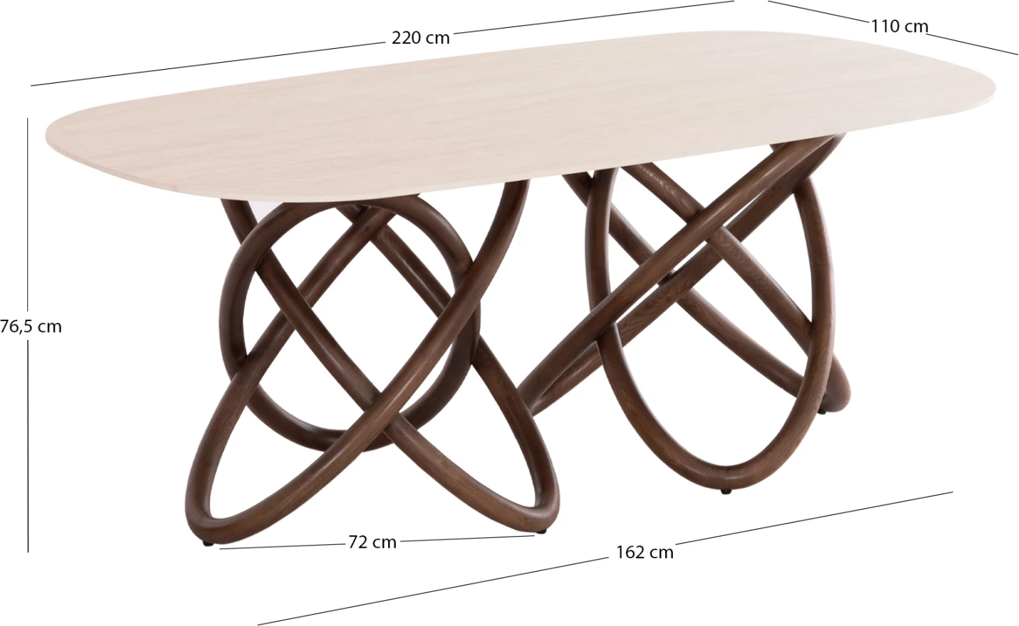 Tavolinë ngrënieje Orbiter, sipërfaqe qeramike krem travertin, këmbë dru frashëri ngjyrë arre
