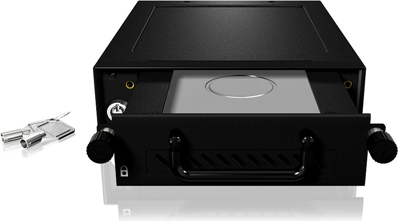 Baj hot-swap ICY BOX për HDD/SSD, 5.25", 1x 2.5/3.5" SATA/SAS, me çelës, i zi