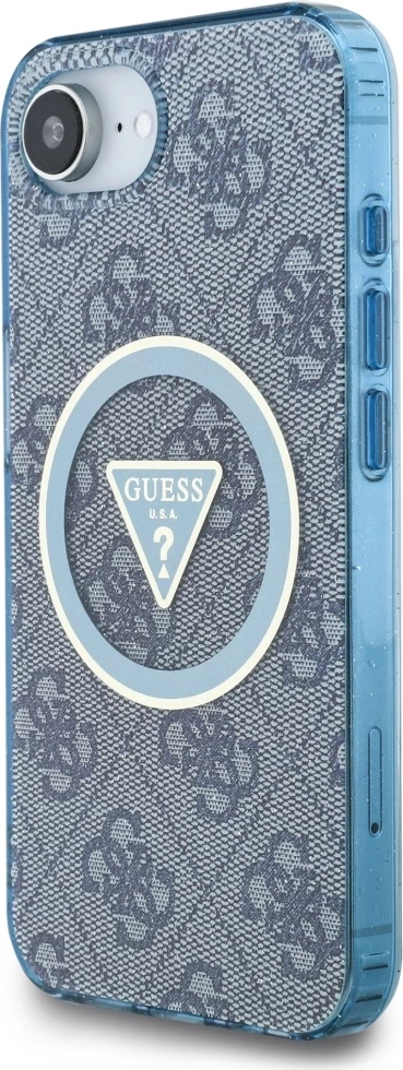 Mbështjellës Guess IML Metal Glitter 4G Circle Triangle MagSafe për iPhone 16e, Blu