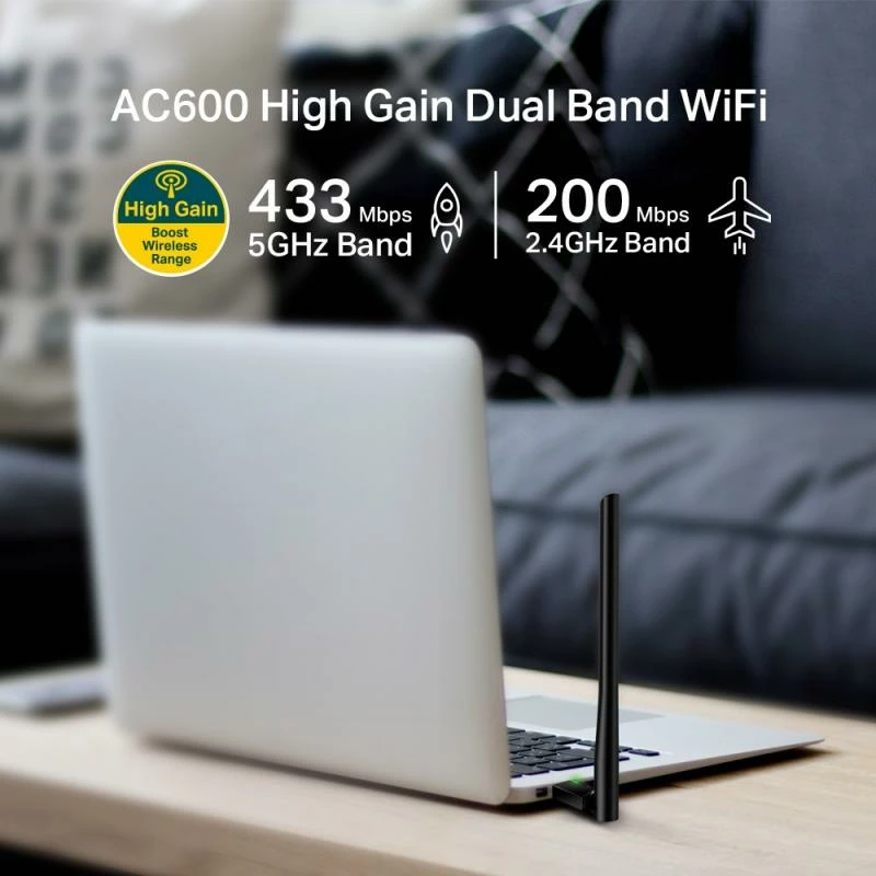 Adapter Wi‑Fi USB, TP-Link, Archer T2U Plus, AC600 me antenë 5dBi, i zi