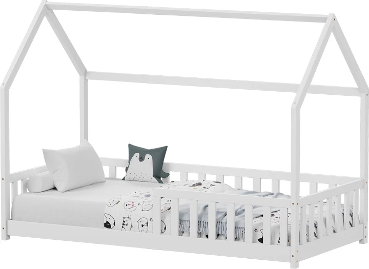 Krevat fëmijësh Montessori Callan me parmakë, dru pishe, ngjyrë e bardhë, 90x190cm