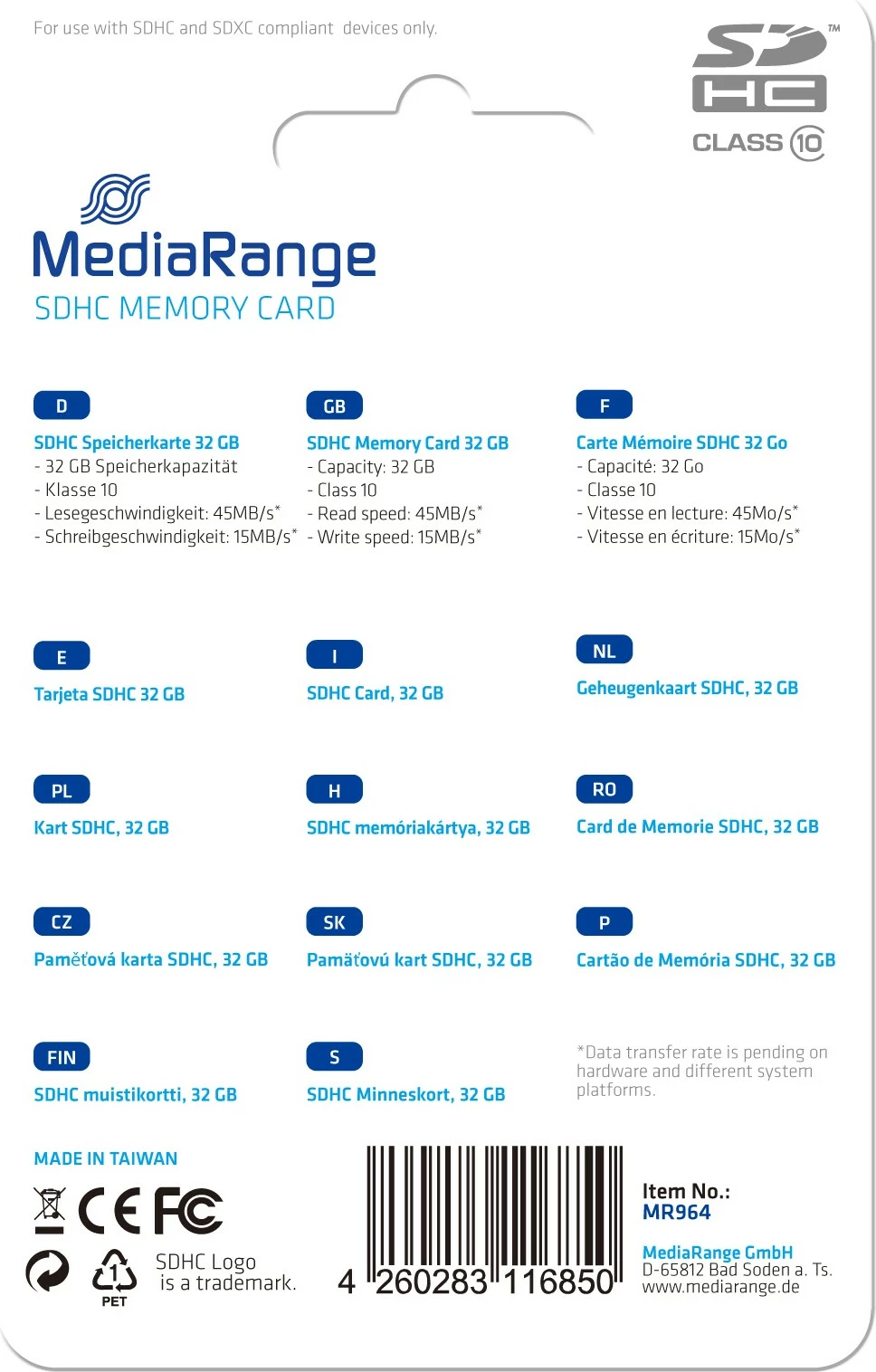 Kartelë memorie SDHC MediaRange MR964, 32GB, Class 10, 45MB/s, blu