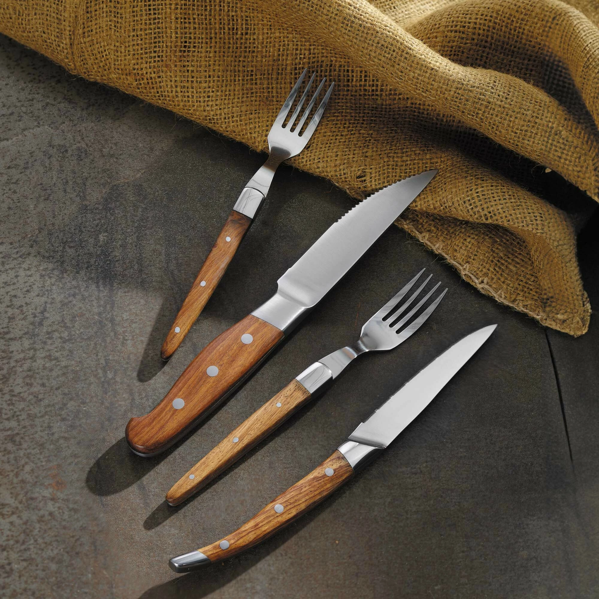 Pirun bifteku, OVE Mykonos, 210 mm, çelik inox, set 6 copë, dru trëndafili