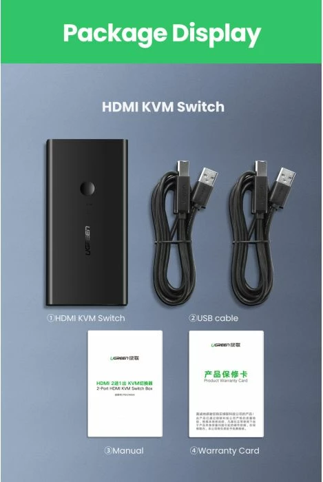 Switch KVM HDMI UGREEN 50744 2x1 4K@30Hz me hub 4xUSB 2.0, i zi, në kuti