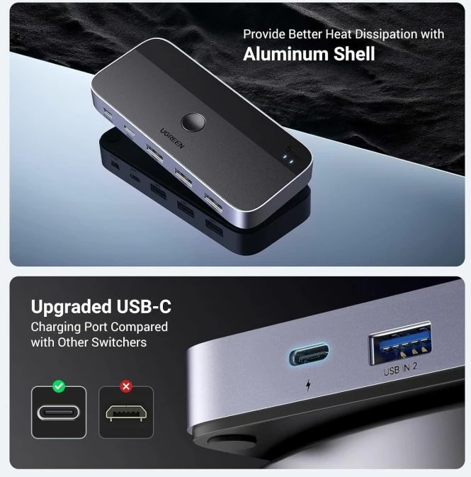 USB Switch 3.0 UGREEN 15705, 4 porte (1x USB-C + 3x USB-A), për 2 kompjuterë, me remote + 2 kabllo A-A